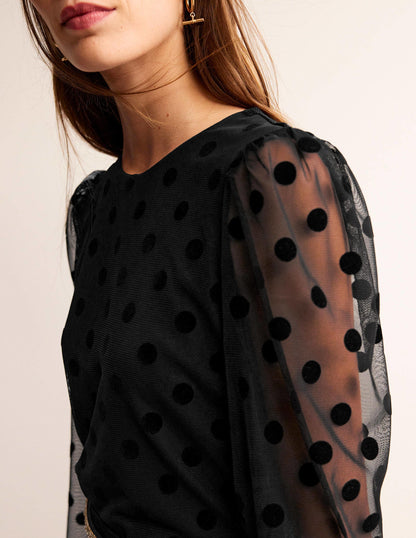 Puff-Sleeve Spotty Tulle Top-Black-2