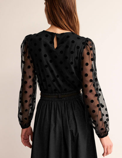 Puff-Sleeve Spotty Tulle Top-Black-3