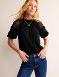 Short-Sleeve Spotty Tulle Top-Black