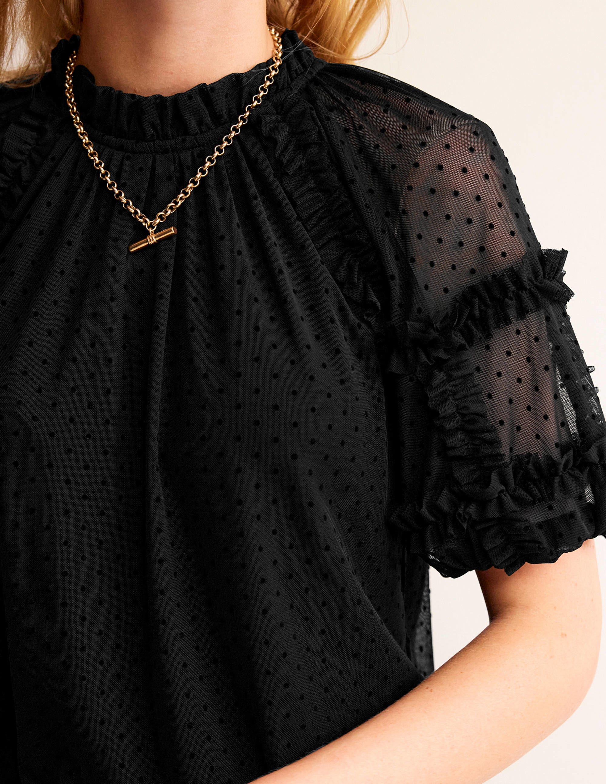 Short-Sleeve Spotty Tulle Top-Black - Image 2