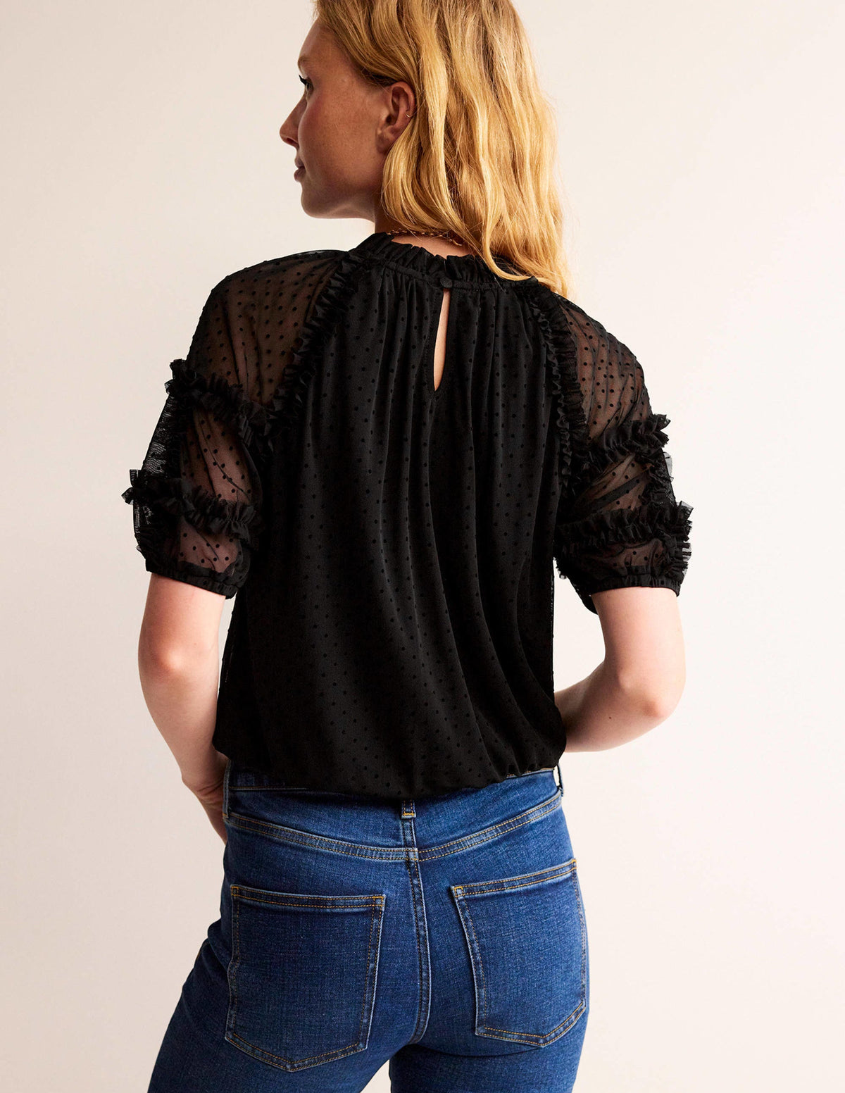 Short-Sleeve Spotty Tulle Top-Black-3
