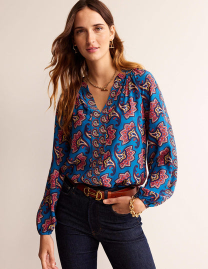 Border Print Raglan Top-Blue, Paisley Amaryllis-1