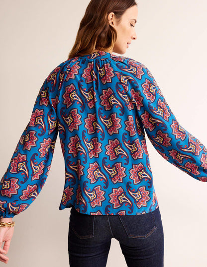 Border Print Raglan Top-Blue, Paisley Amaryllis-3