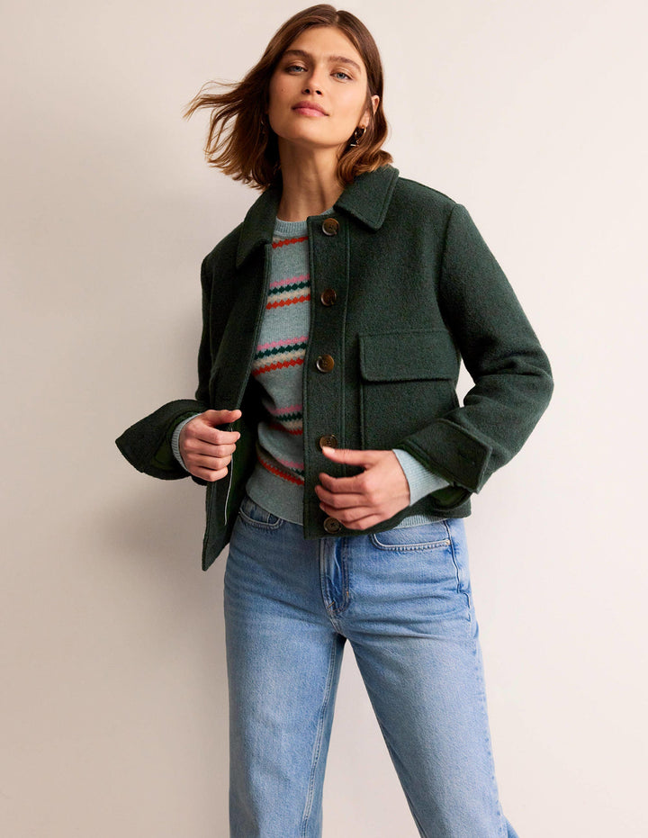 Collared Textured Wool Jacket-Green