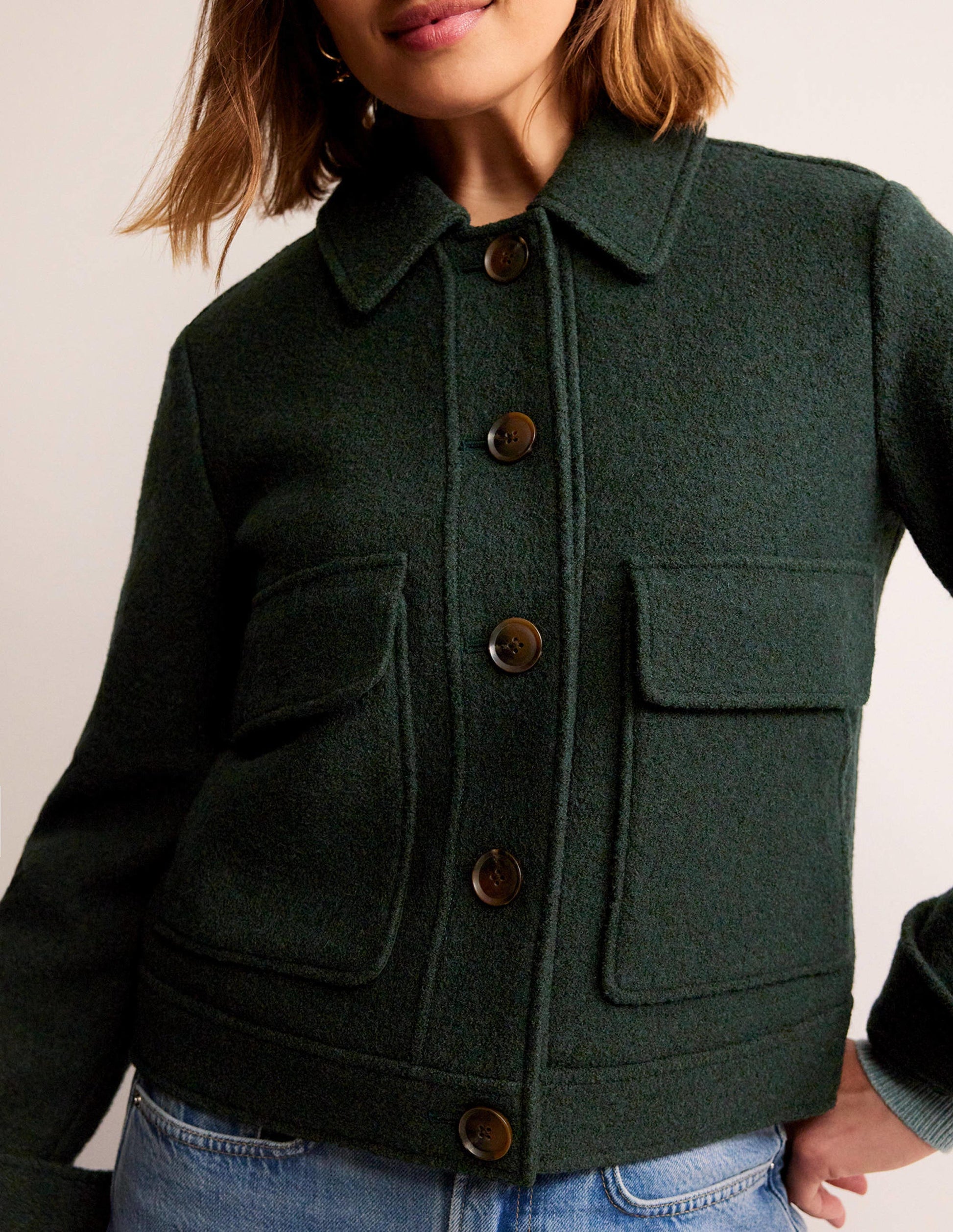 Collared Textured Wool Jacket-Green-2