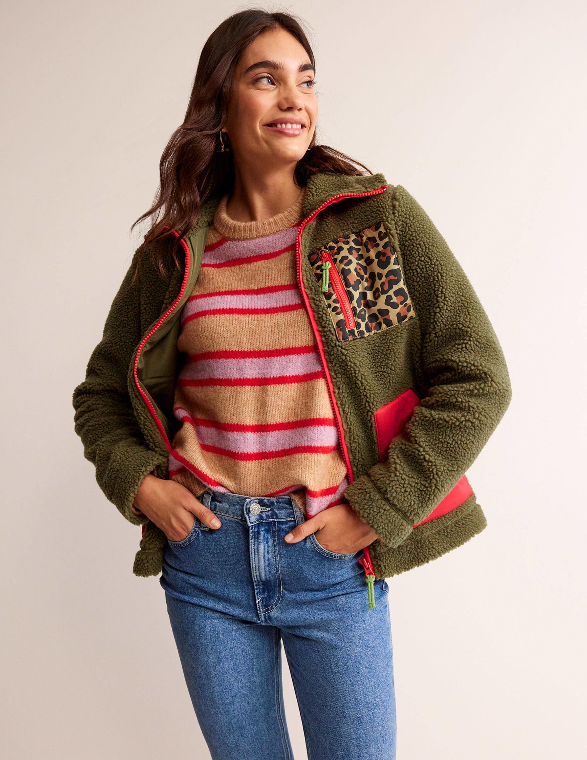 Funnel-Neck Borg Jacket-Mermaid, Hibiscus, Leopard - Image 1