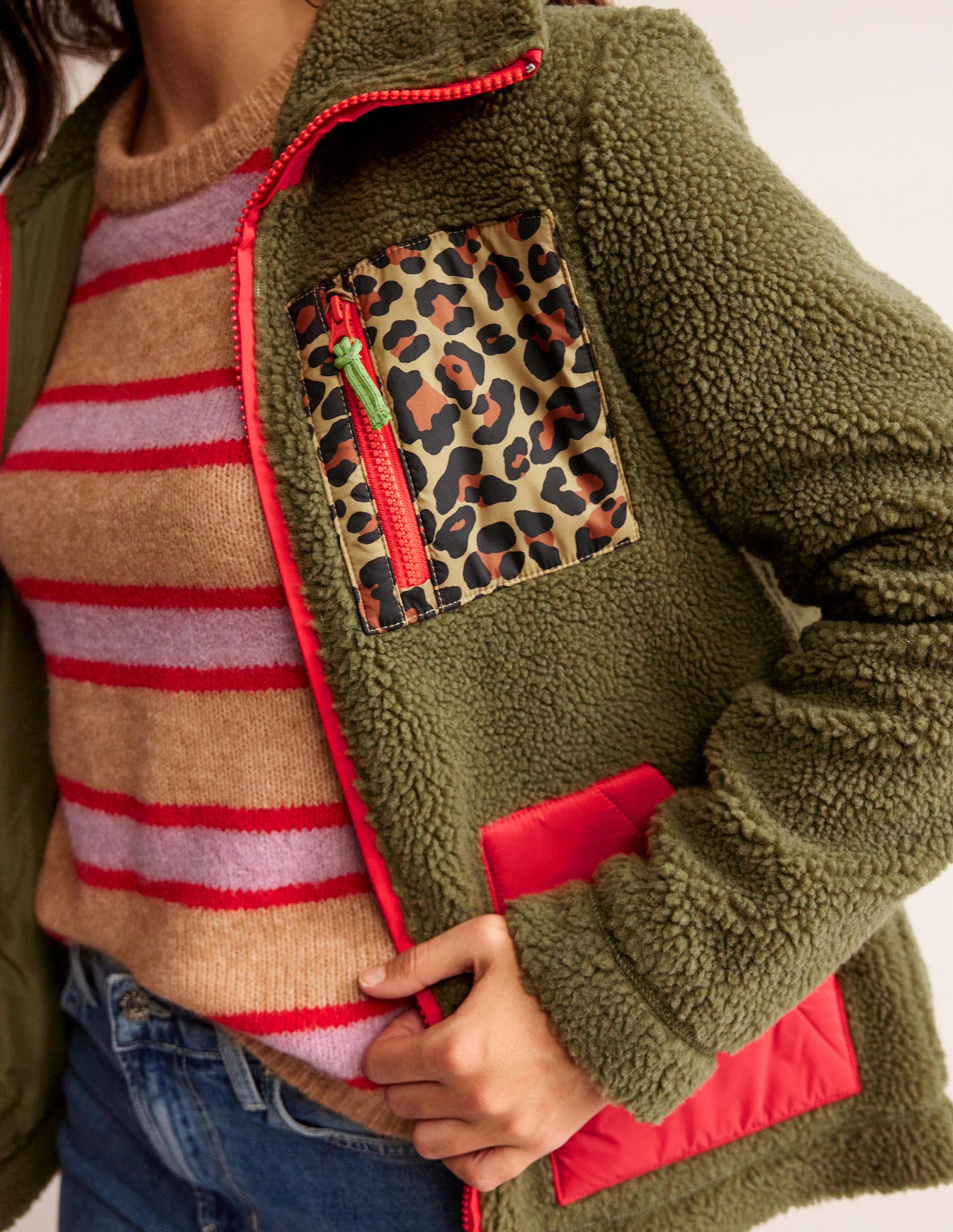 Funnel-Neck Borg Jacket-Mermaid, Hibiscus, Leopard - Image 2
