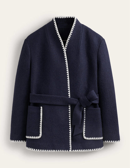 Belted Short Wrap Coat-Navy-7