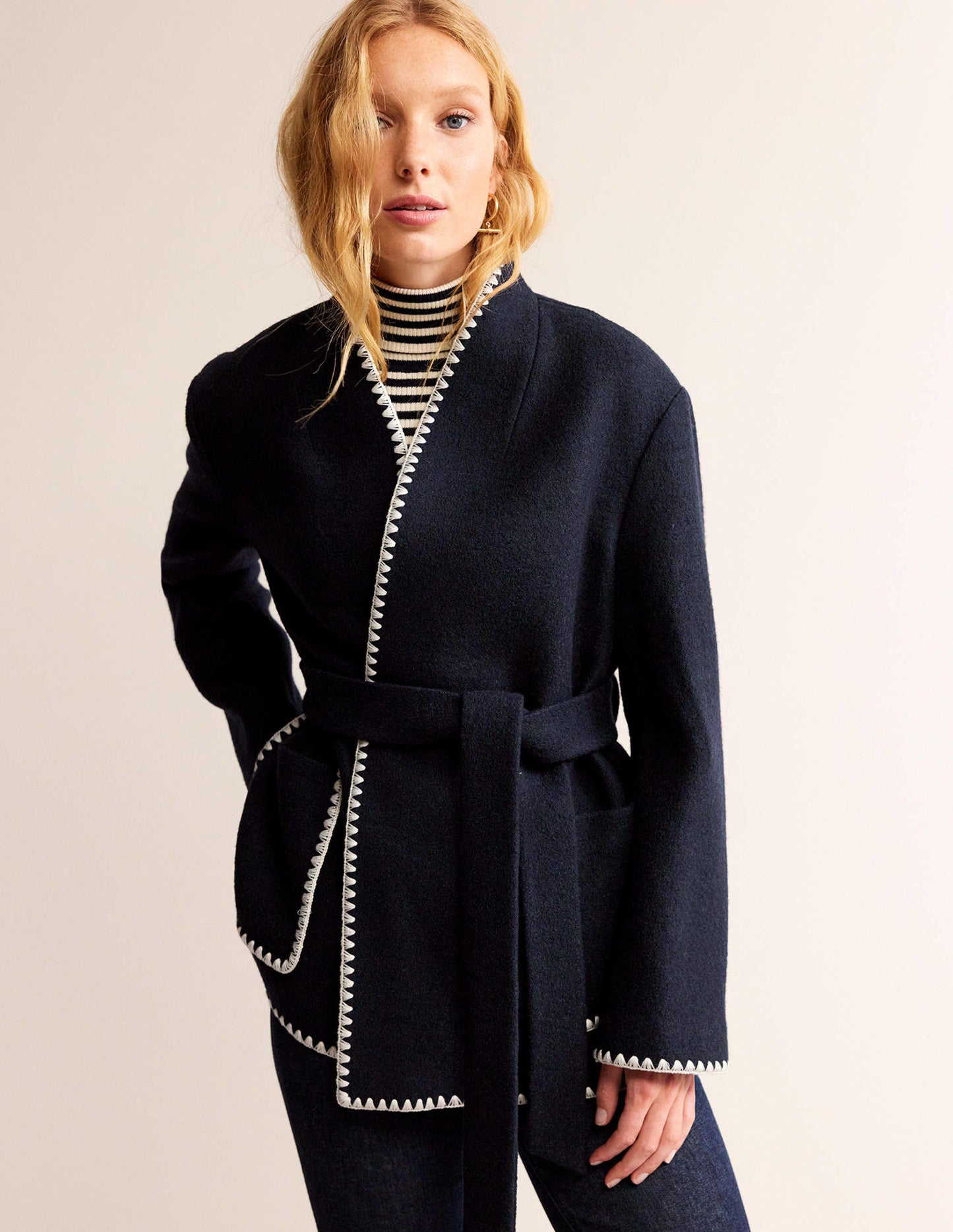 Belted Short Wrap Coat-Navy