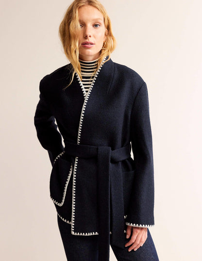 Belted Short Wrap Coat-Navy-2