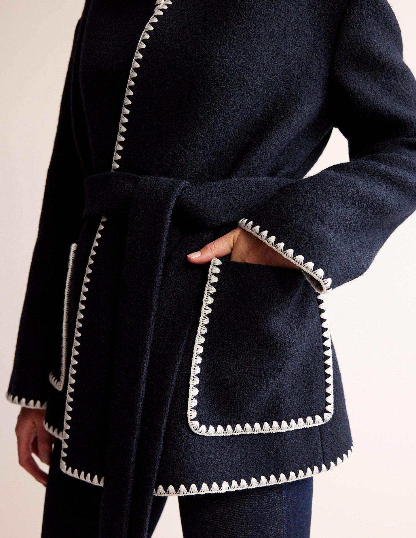 Belted Short Wrap Coat-Navy