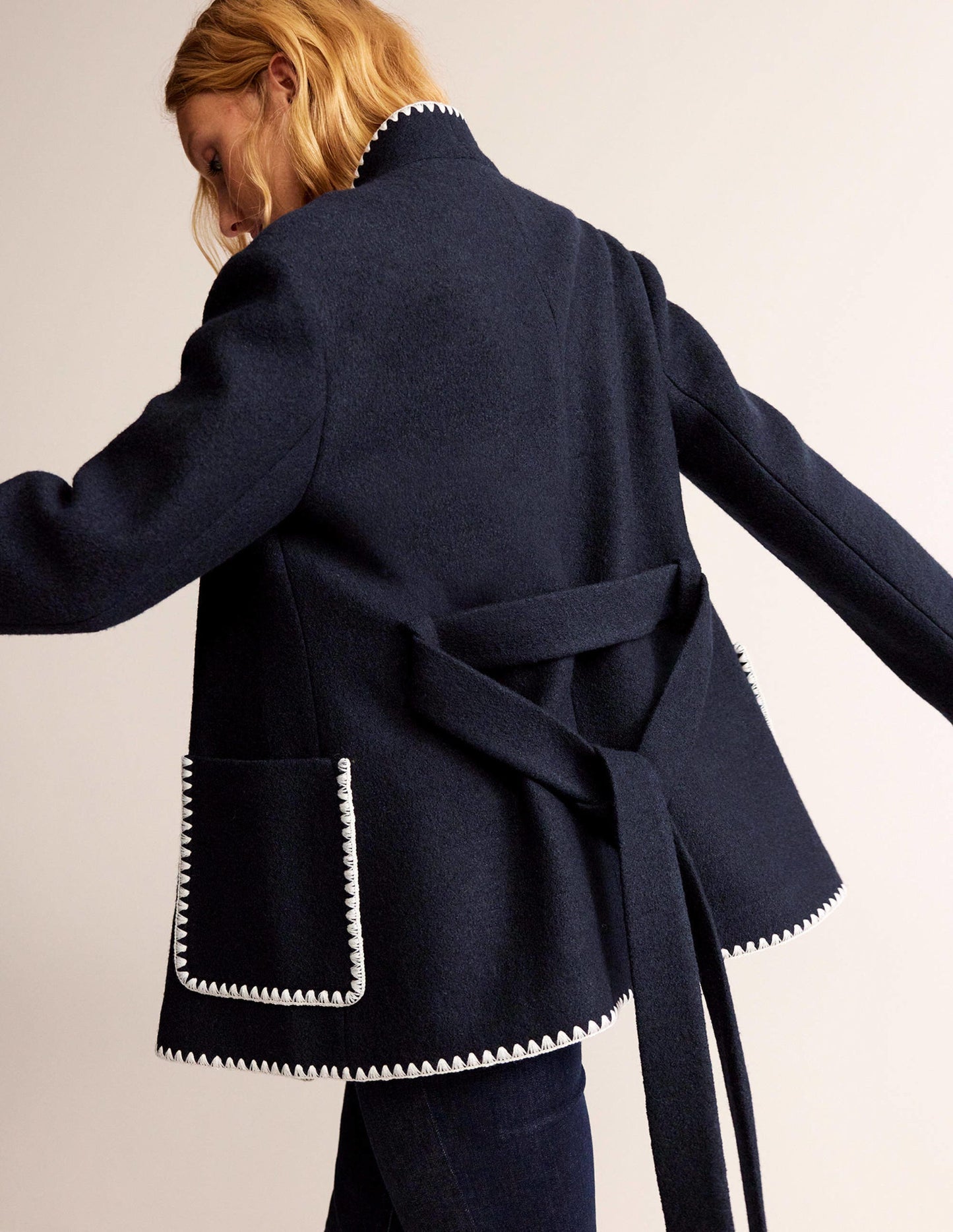 Belted Short Wrap Coat-Navy