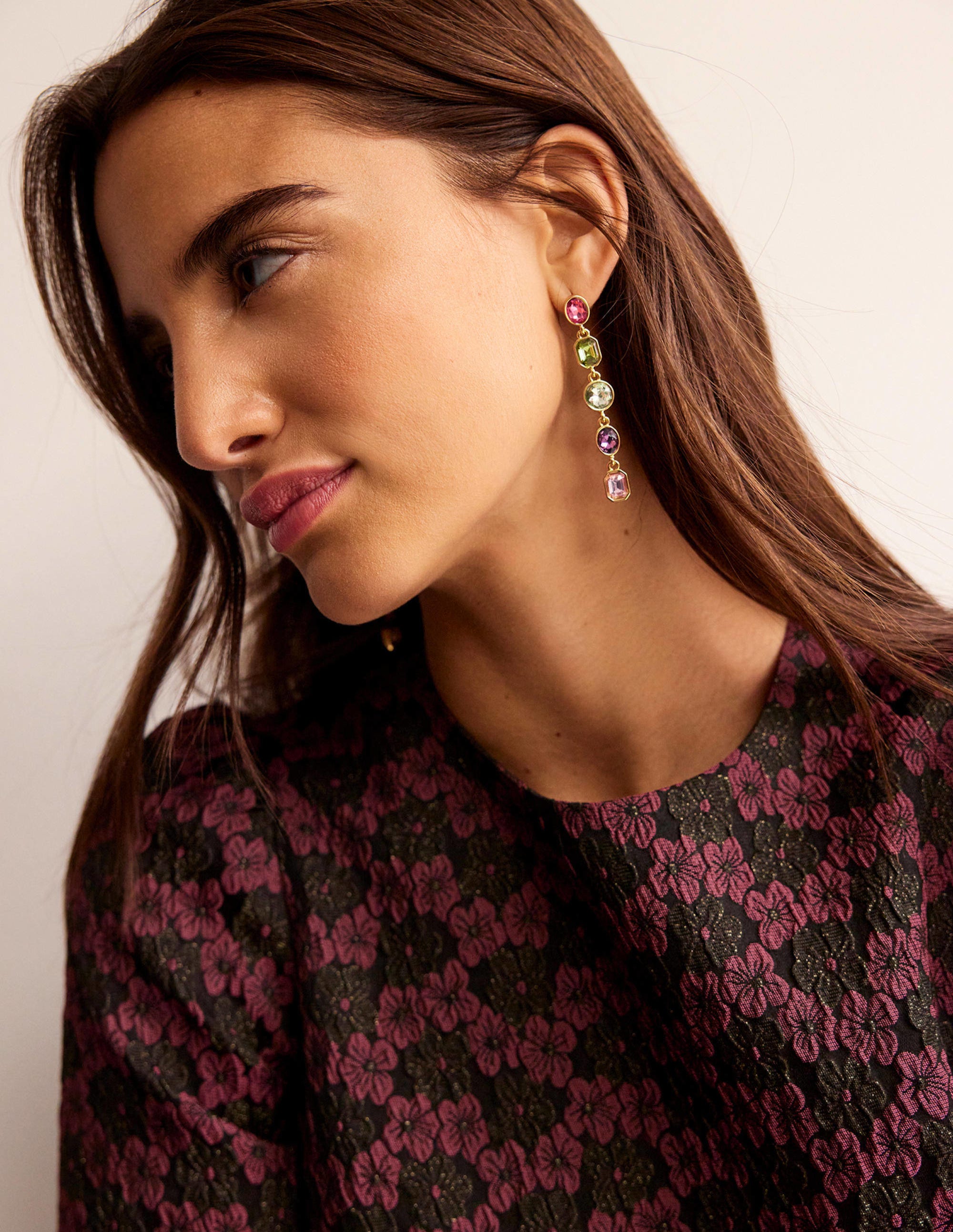 Jewelled Drop Earrings-Pink Multi - Image 1