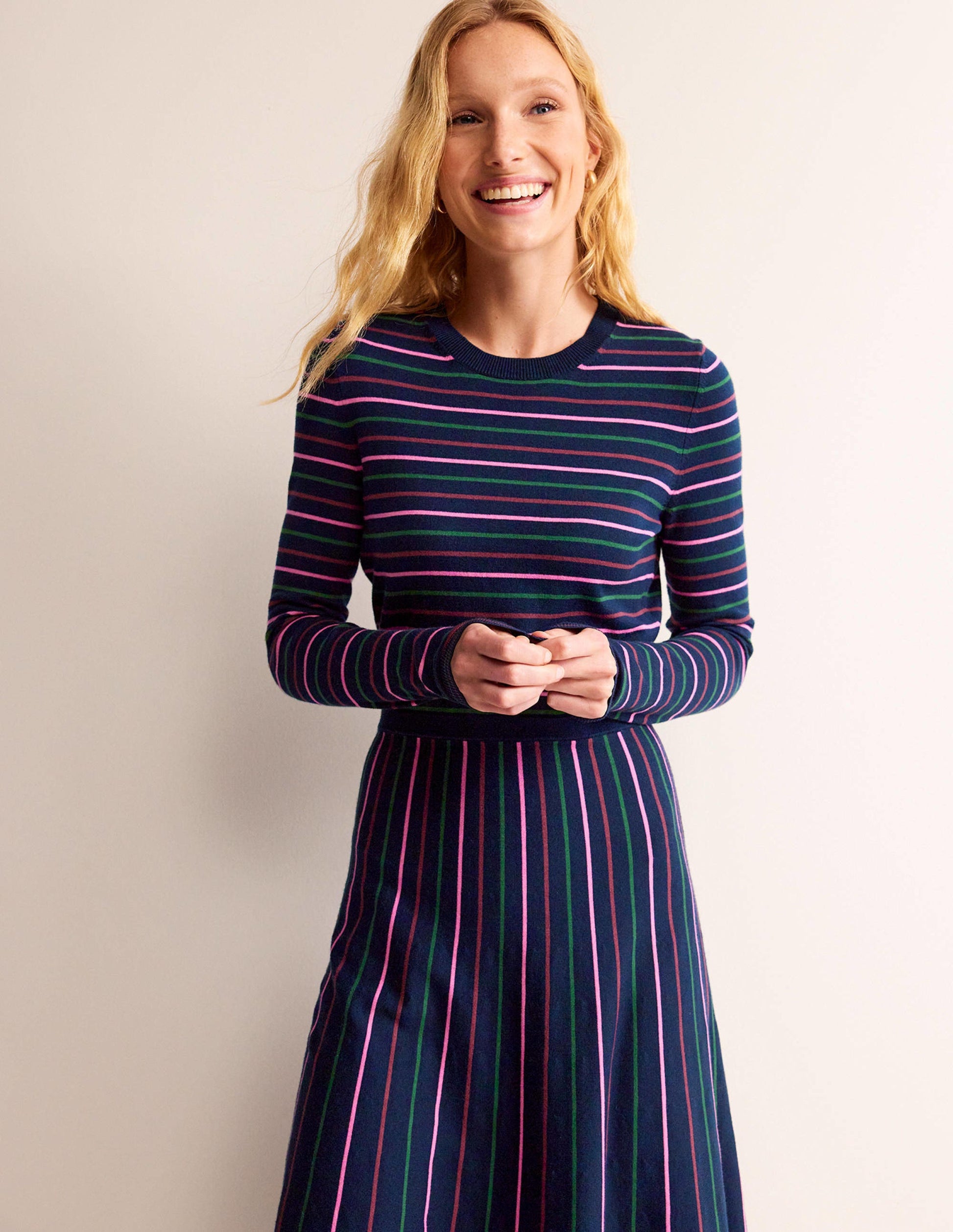 Maria Knitted Midi Dress-Navy and Pink-4