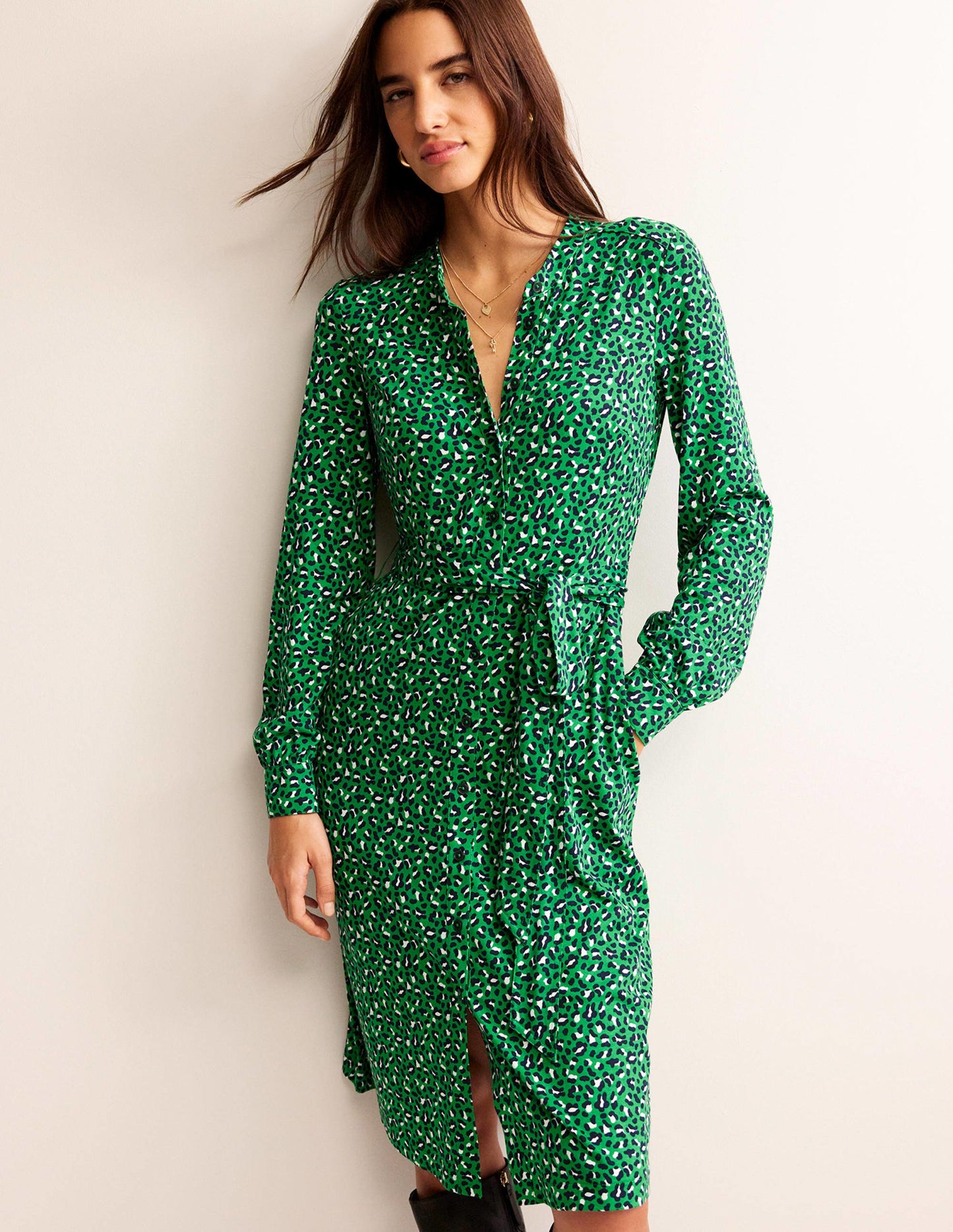 Julia Jersey Shirt Dress-Green Tambourine, Animal Print