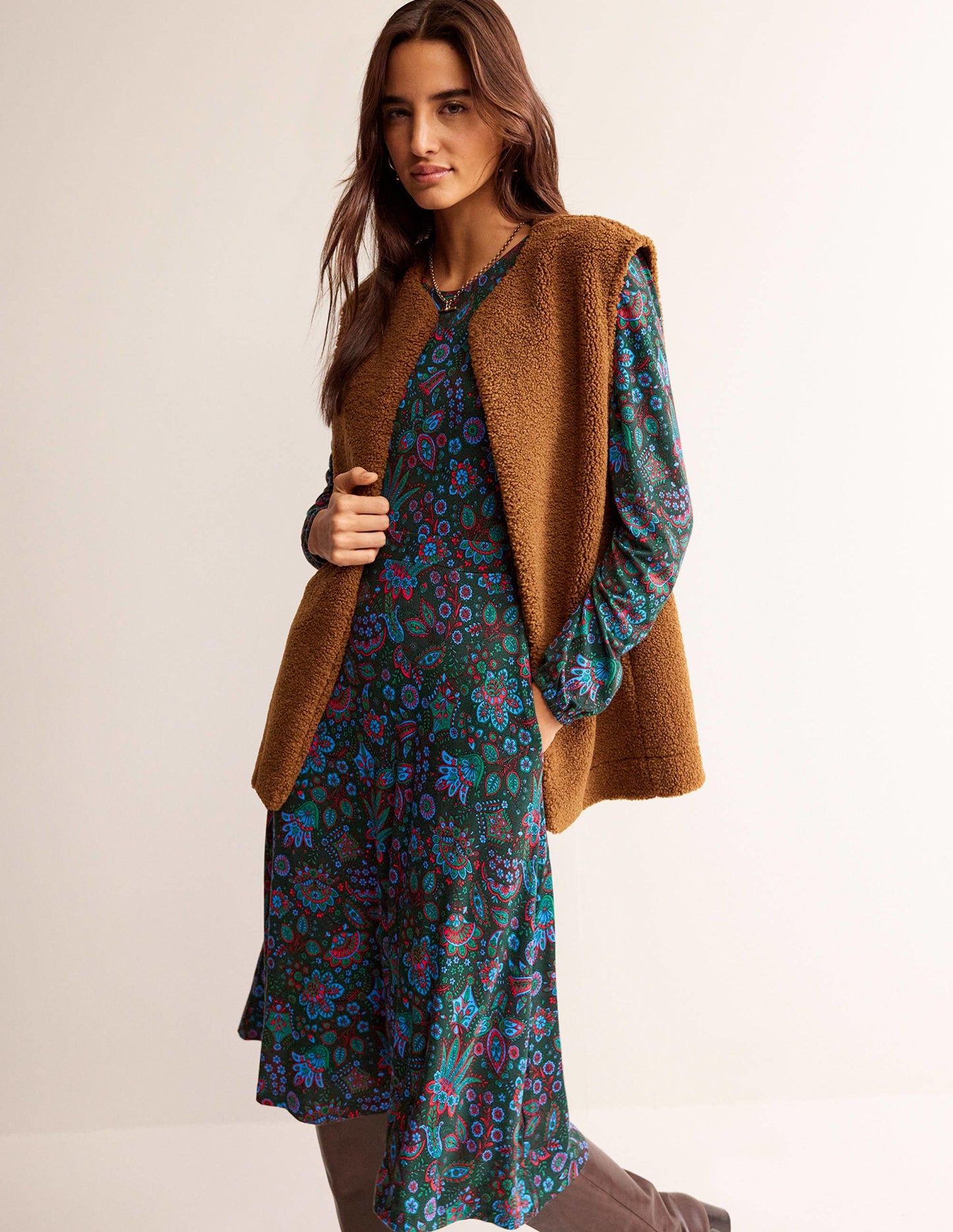 Camille Jersey Midi Dress-Chatsworth Green, Azalea Bloom