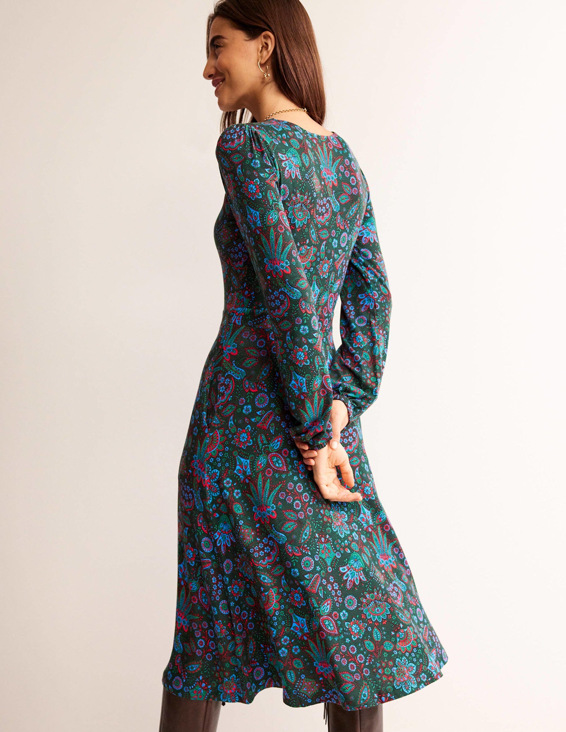 Camille Jersey Midi Dress-Chatsworth Green, Azalea Bloom-3