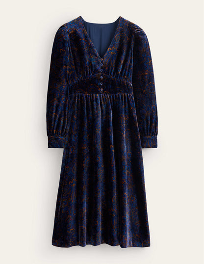 Elise Velvet Midi Dress-French Navy, Azalea Bloom-5