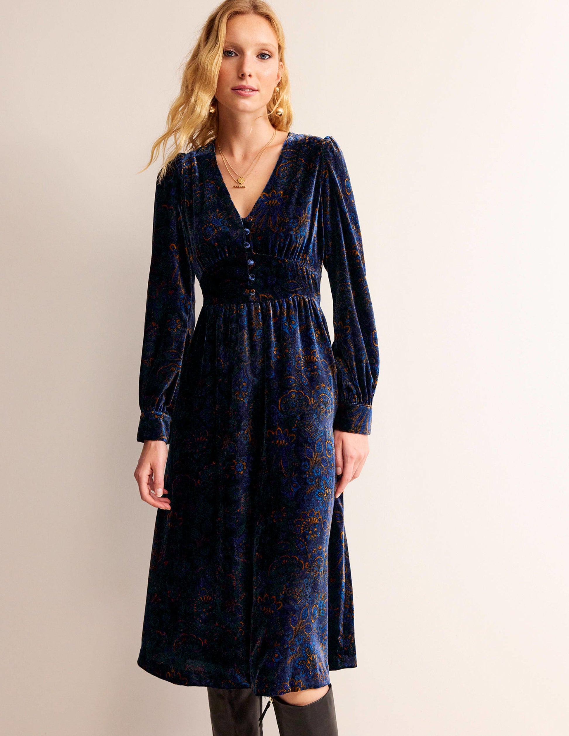 Elise Velvet Midi Dress-French Navy, Azalea Bloom-2
