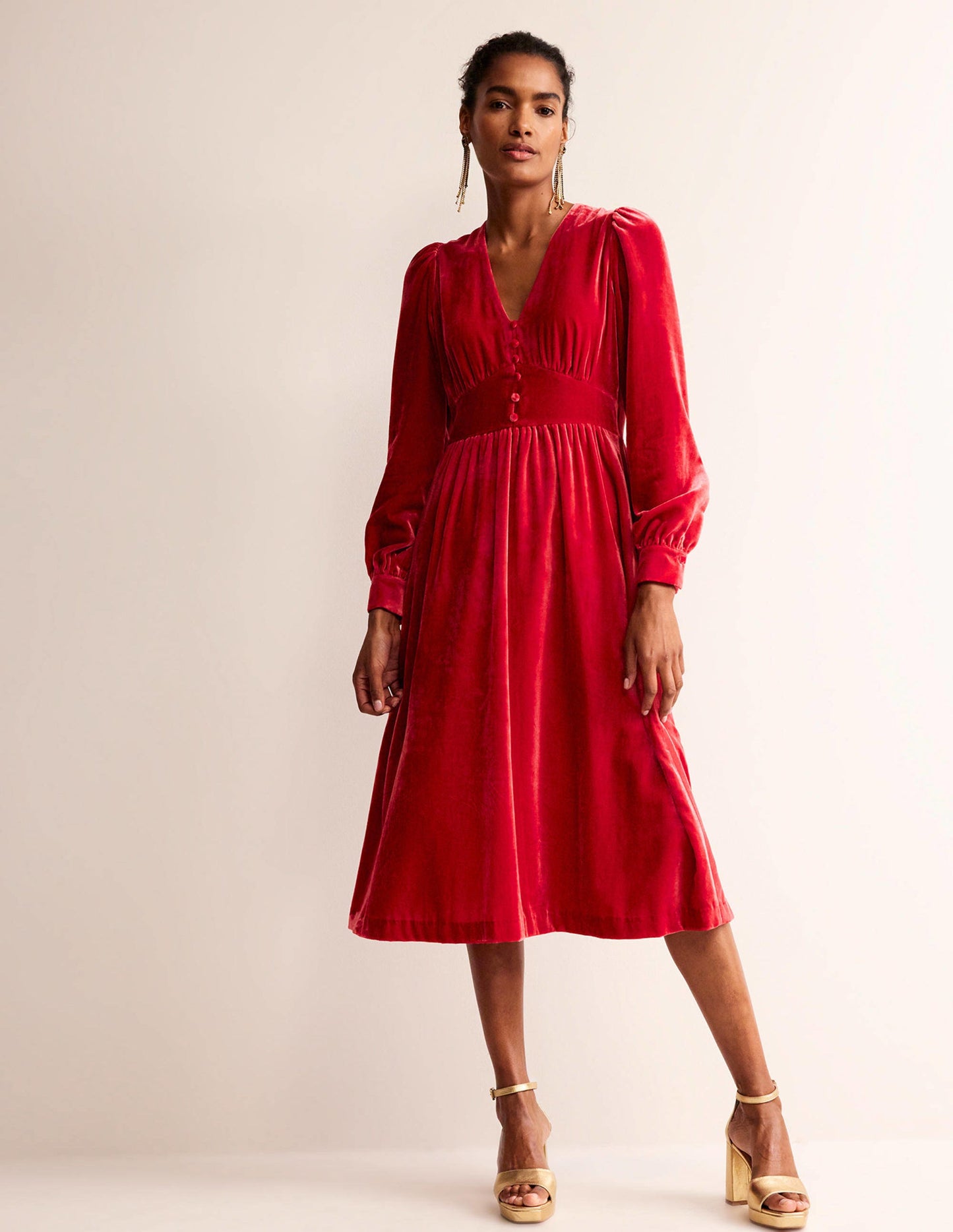 Elise Velvet Midi Dress-Red