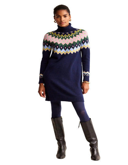 Edith Fair Isle Knitted Dress-Navy-5