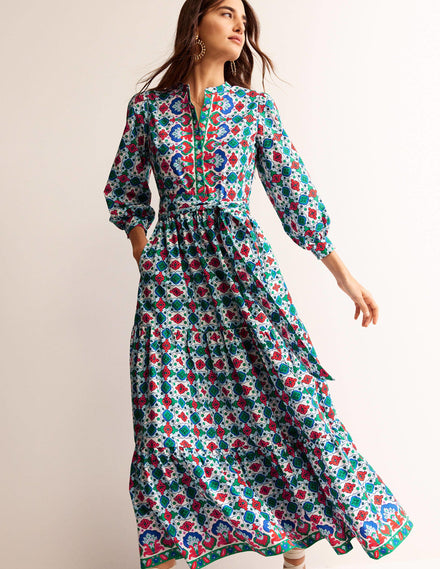 Alba Tiered Cotton Maxi Dress-Multi, Coastal Tile