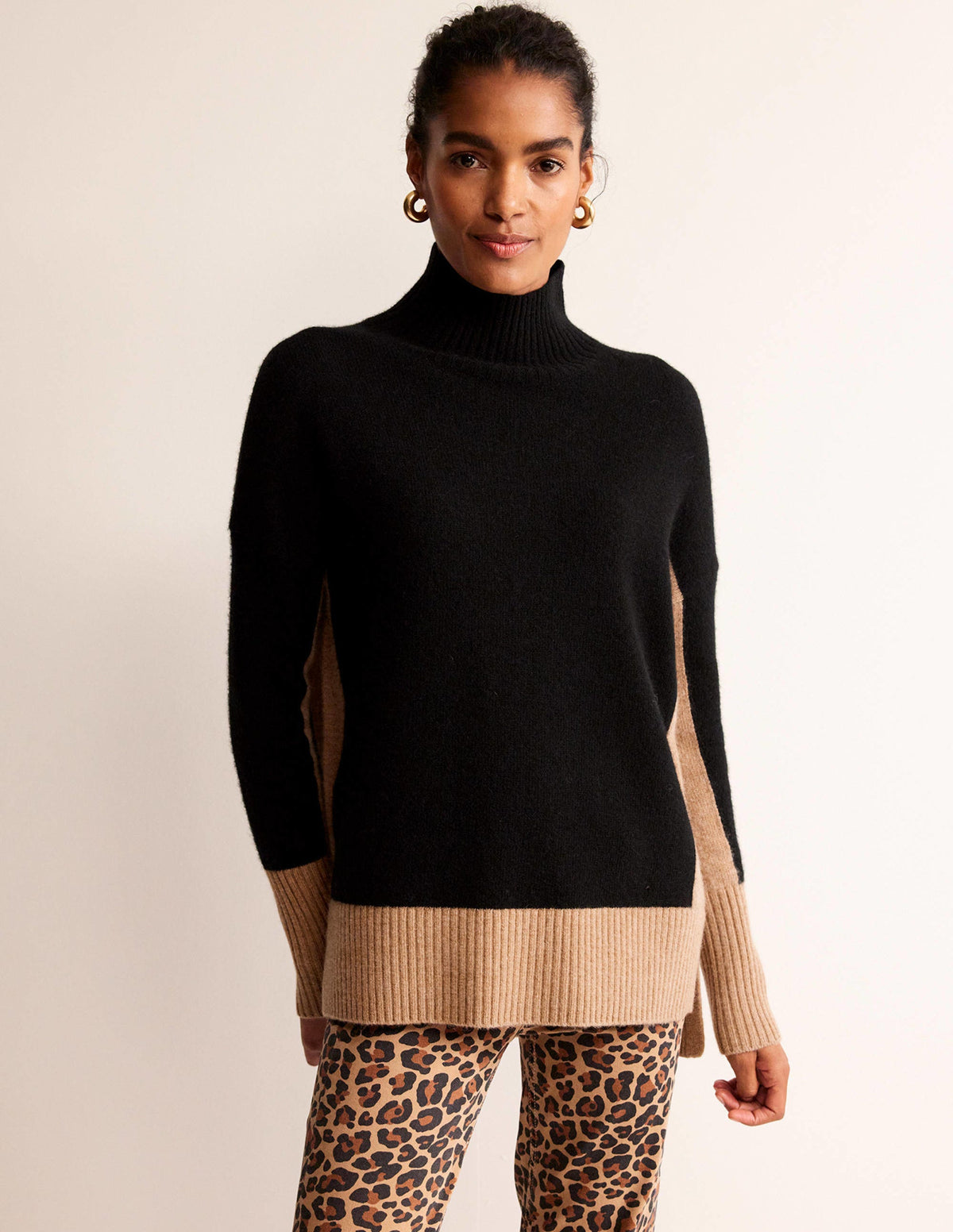 Jessica Oversized Jumper-Black, Camel Colour Block - Image 2