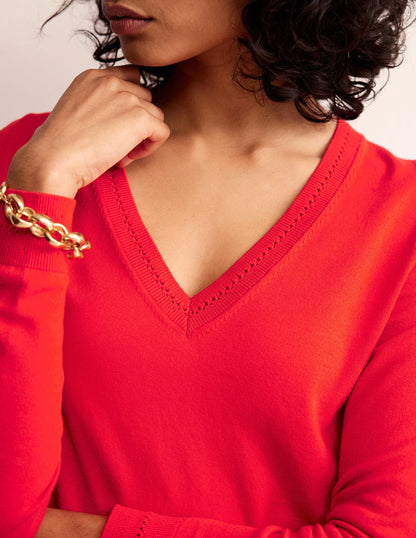 Catriona Cotton V-Neck Jumper-Poppy Red-3