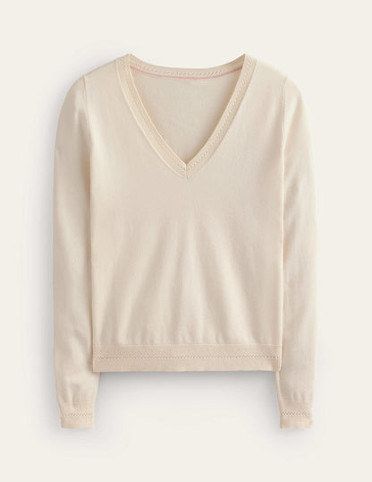 Catriona Cotton V-Neck Jumper-Warm Ivory