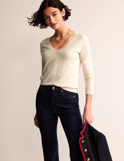 Catriona Cotton V-Neck Jumper-Warm Ivory