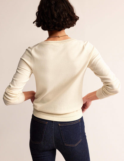 Catriona Cotton V-Neck Jumper-Warm Ivory