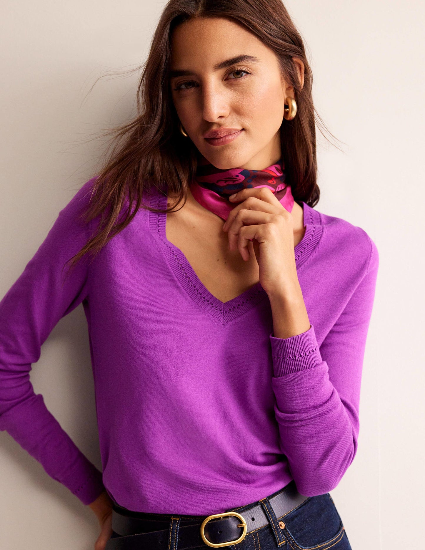 Catriona Cotton V-Neck Jumper-Jewel Purple