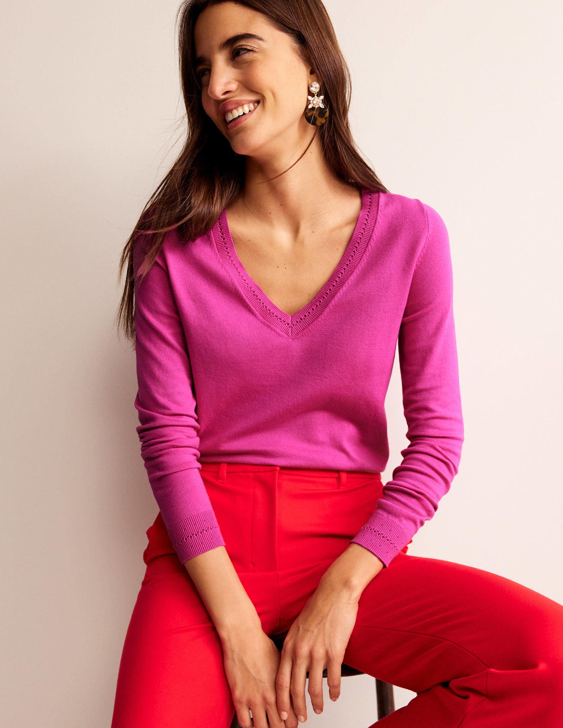 Catriona Cotton V-Neck Jumper-Cosmos Pink-2
