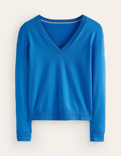 Catriona Cotton V-Neck Jumper-Brilliant Blue-5
