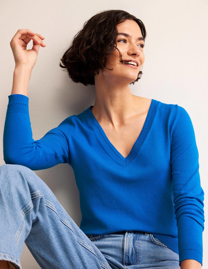 Catriona Cotton V-Neck Jumper-Brilliant Blue