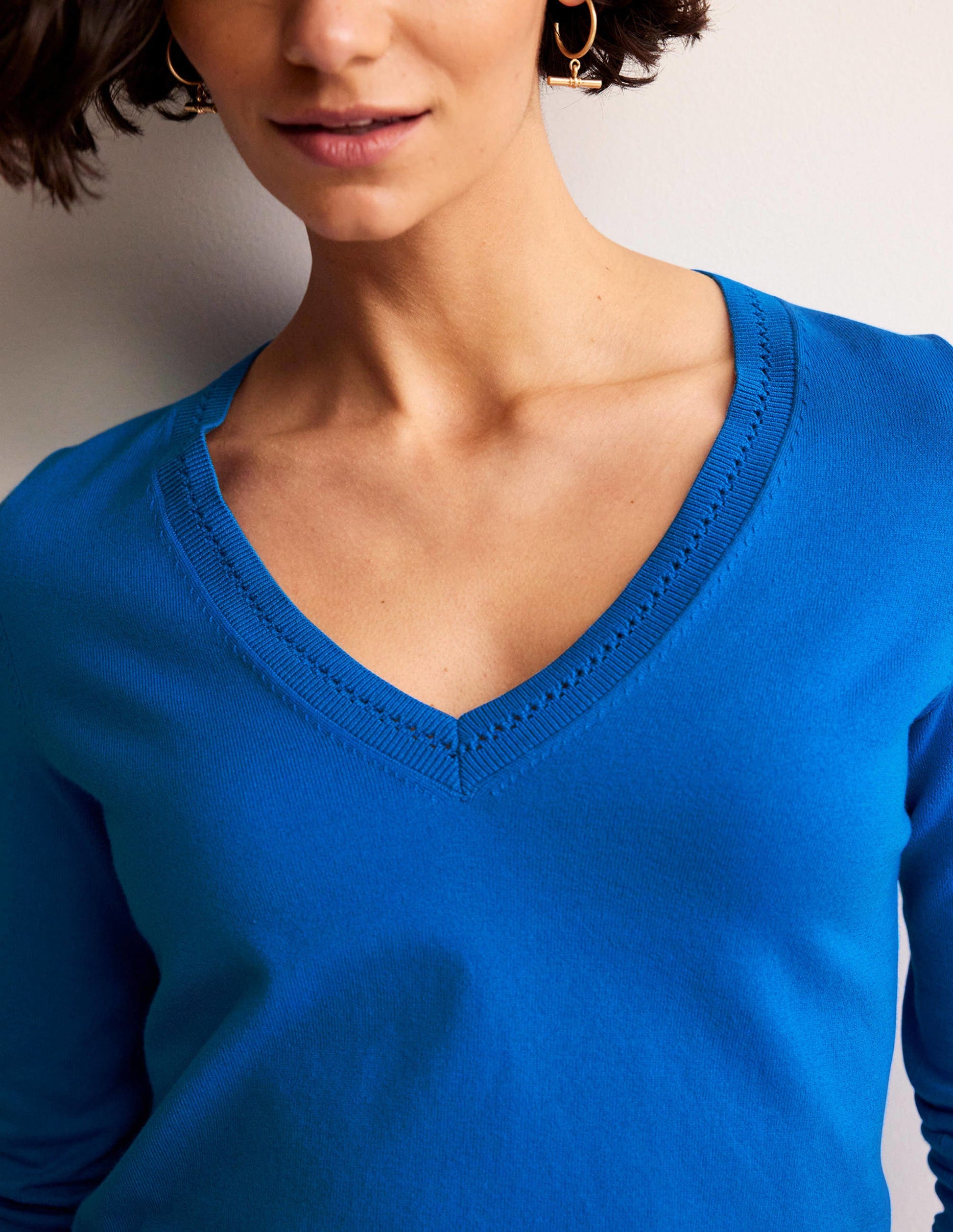 Catriona Cotton V-Neck Jumper-Brilliant Blue-2