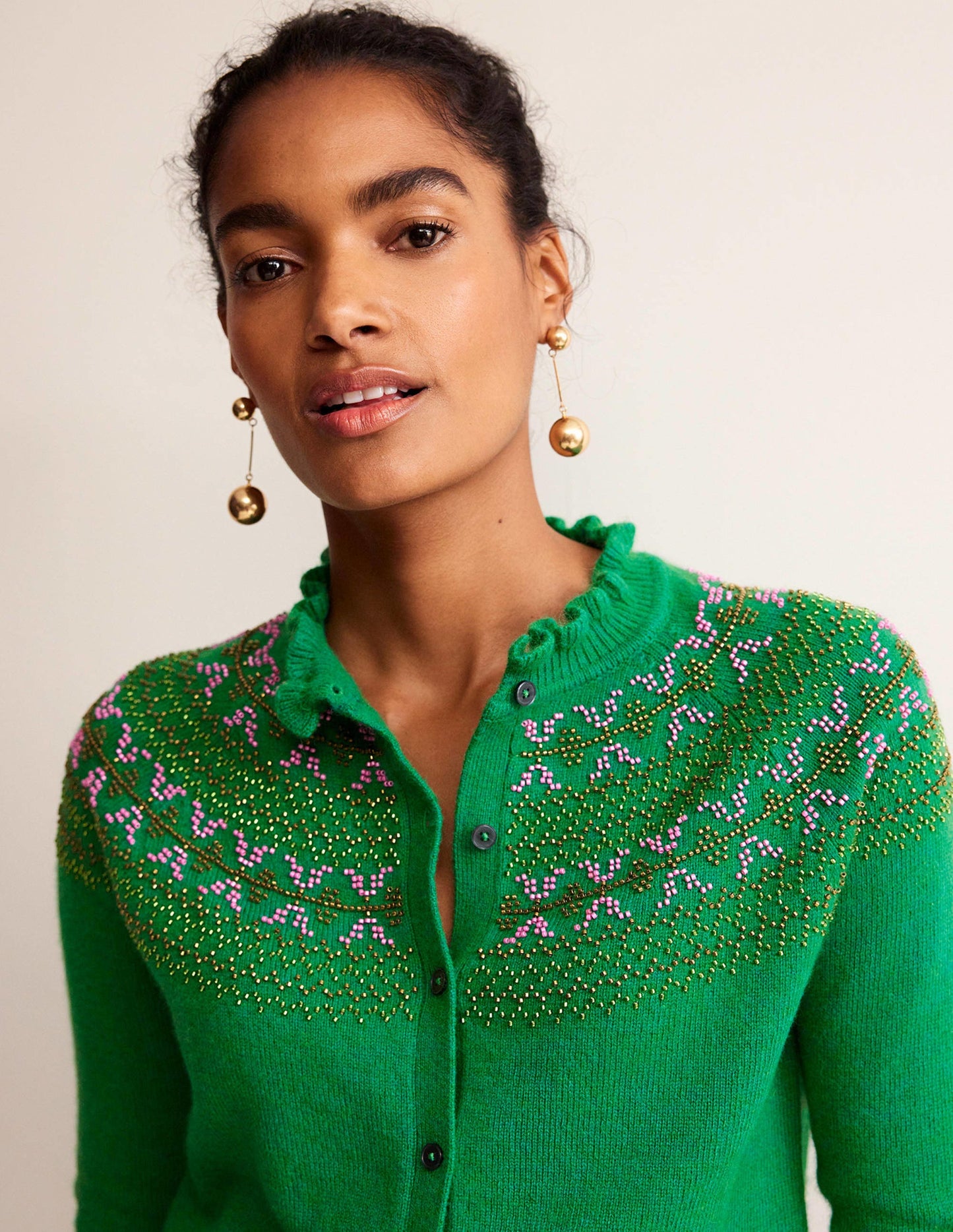 Embellished Yoke Cardigan-Veridian Green