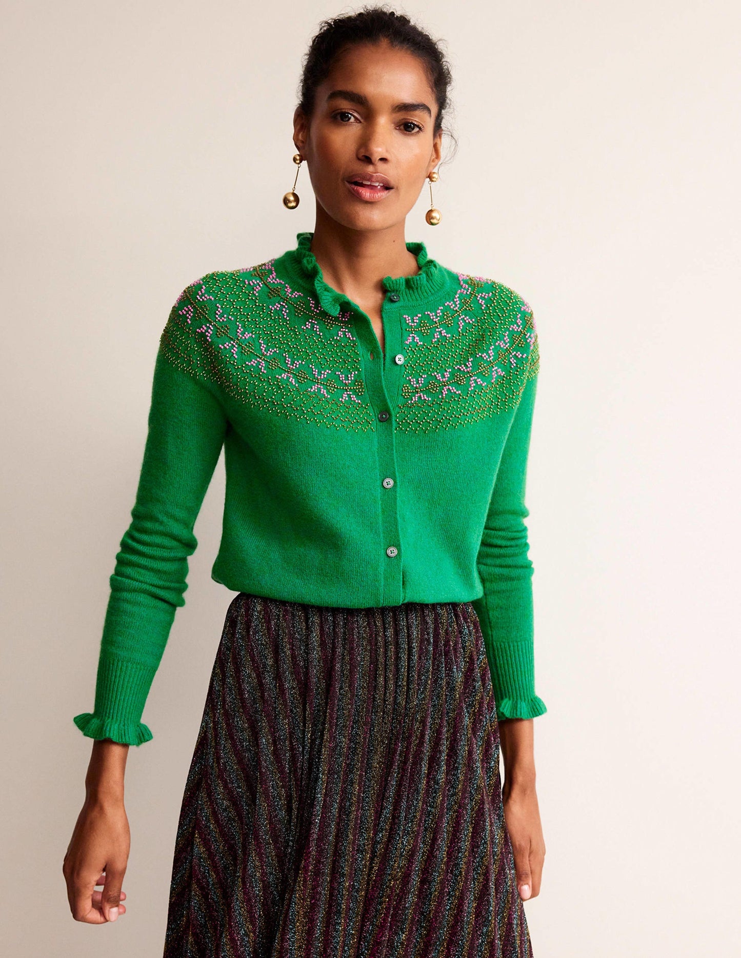 Embellished Yoke Cardigan-Veridian Green