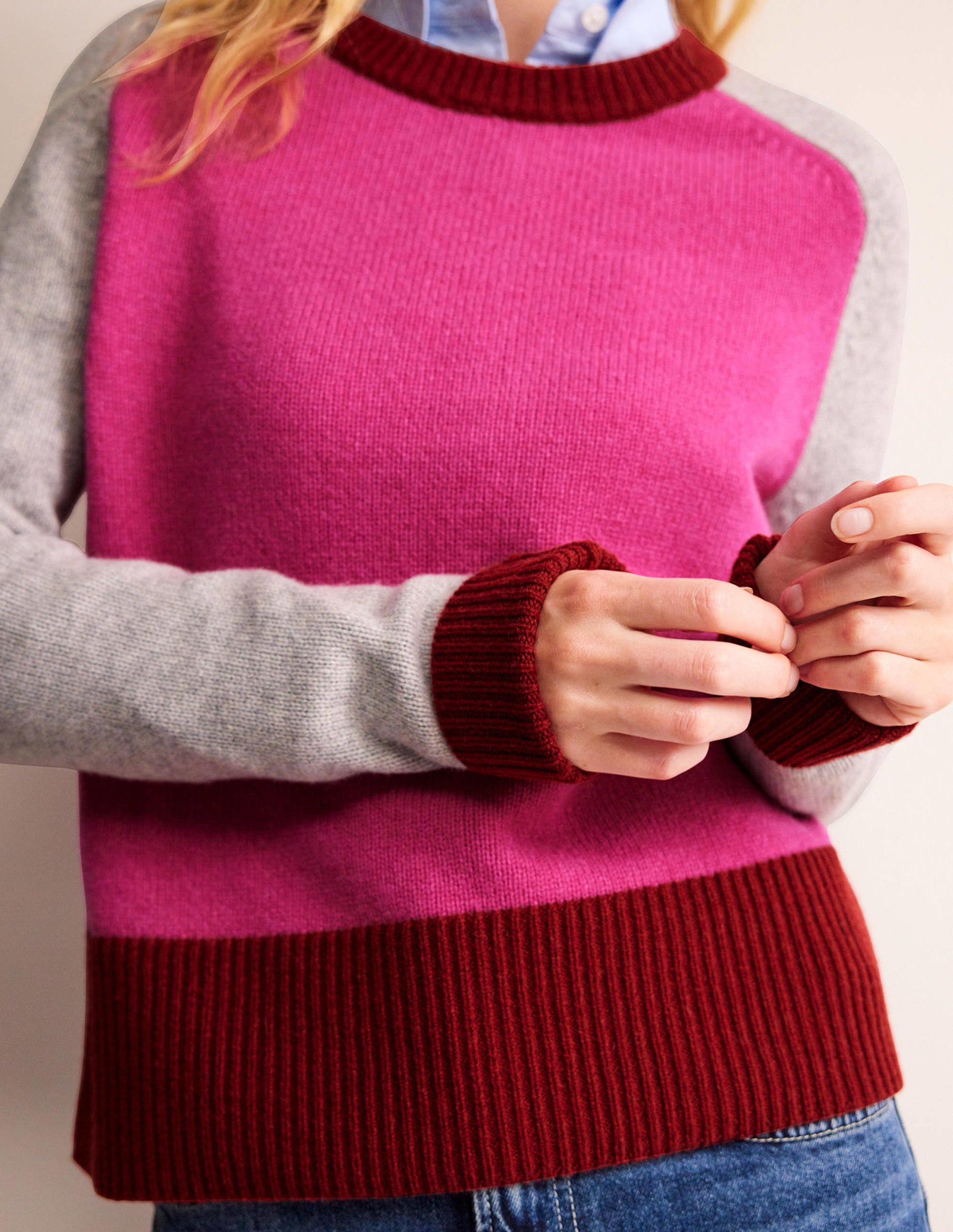 Olivia Merino Jumper-Amaranth, Fireglow Colourblock-2