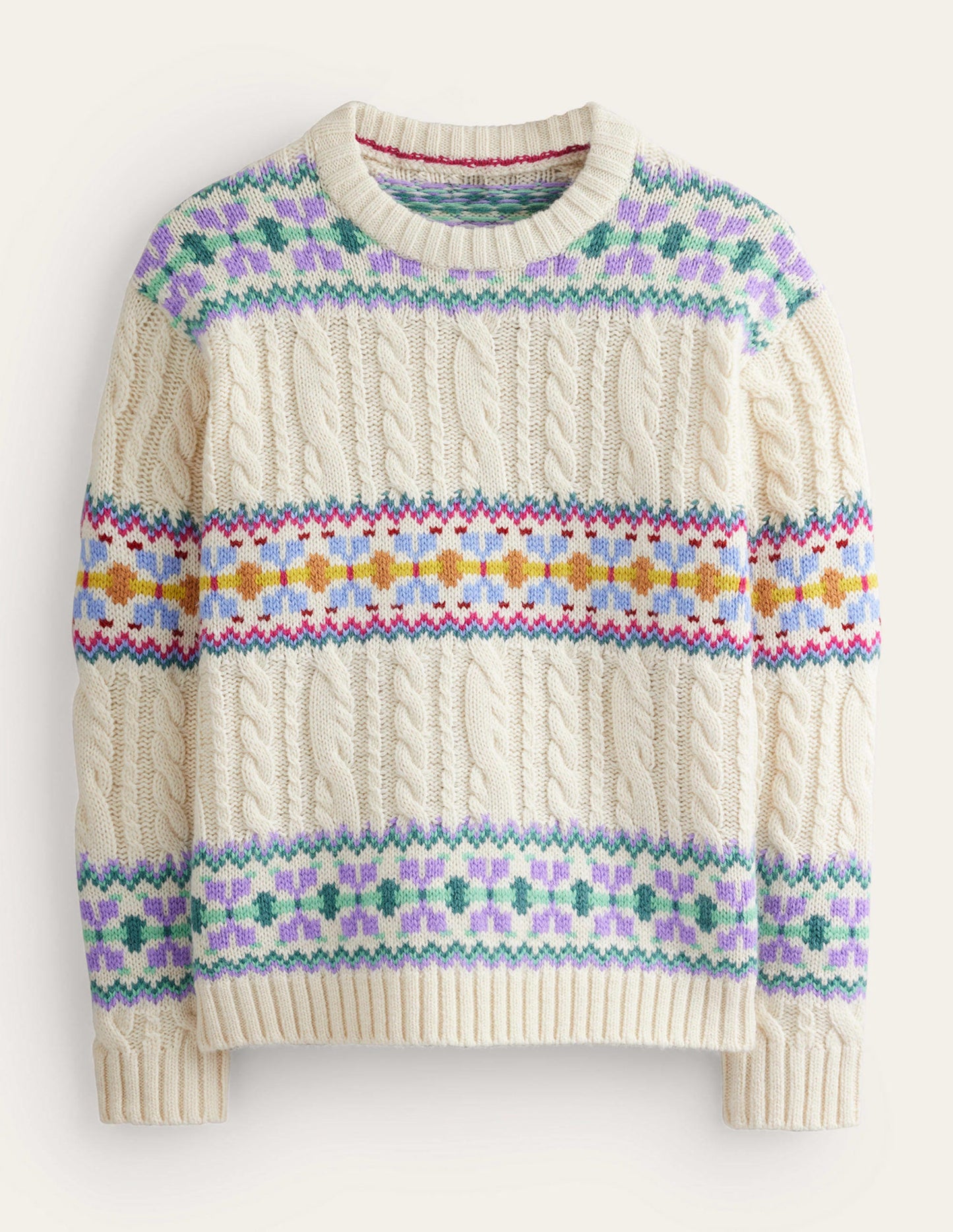 Cable Knit Fair Isle Jumper-Warm Ivory