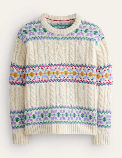 Cable Knit Fair Isle Jumper-Warm Ivory-6