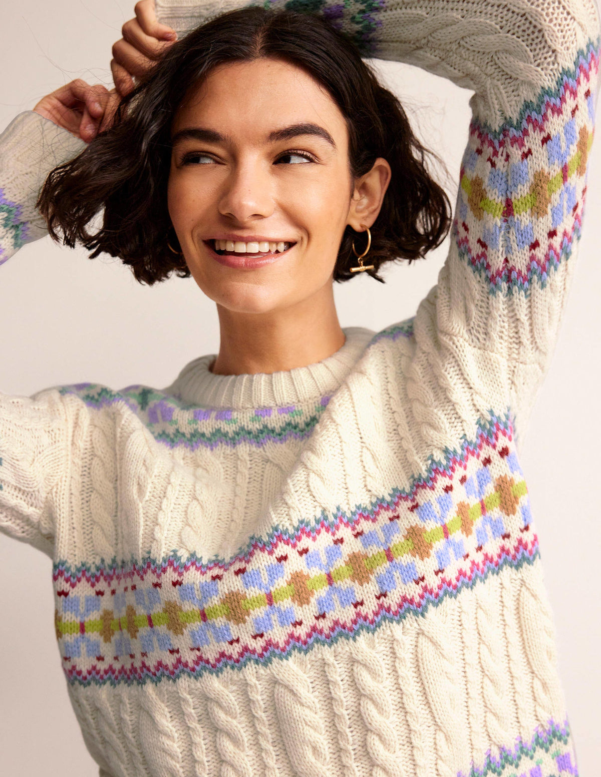 Cable Knit Fair Isle Jumper-Warm Ivory - Image 1