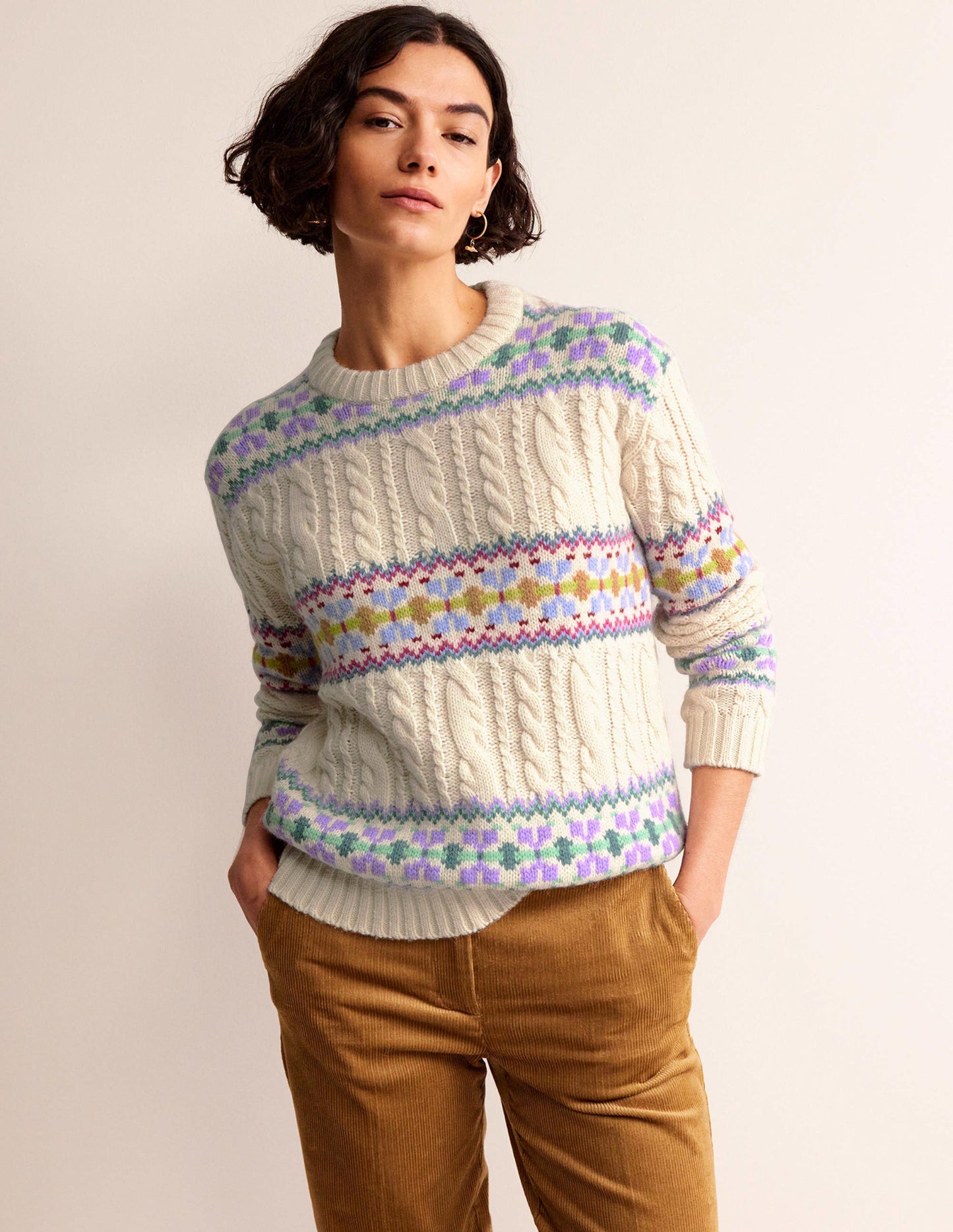 Cable Knit Fair Isle Jumper-Warm Ivory