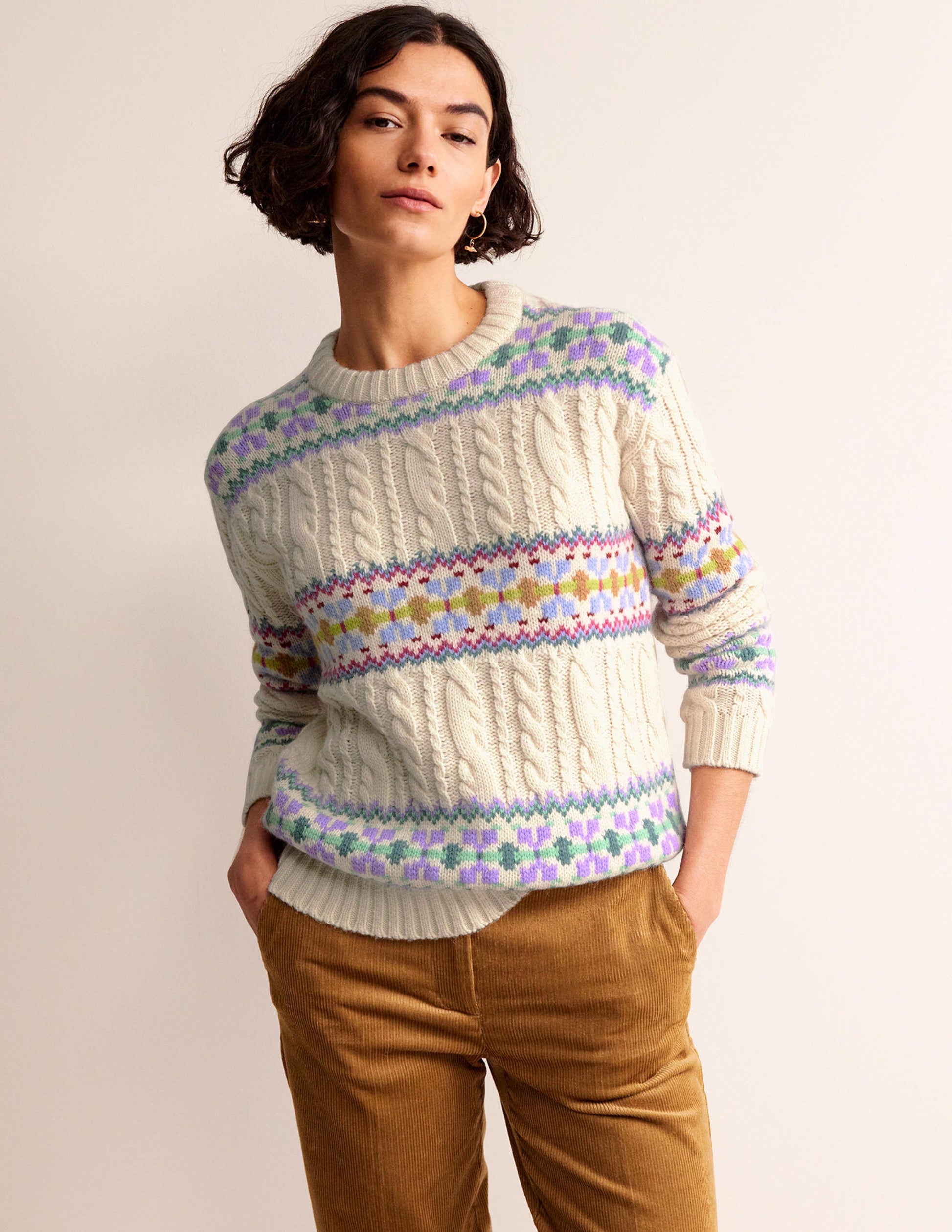 Cable Knit Fair Isle Jumper-Warm Ivory-2