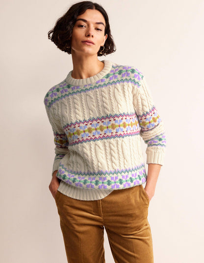 Cable Knit Fair Isle Jumper-Warm Ivory-2