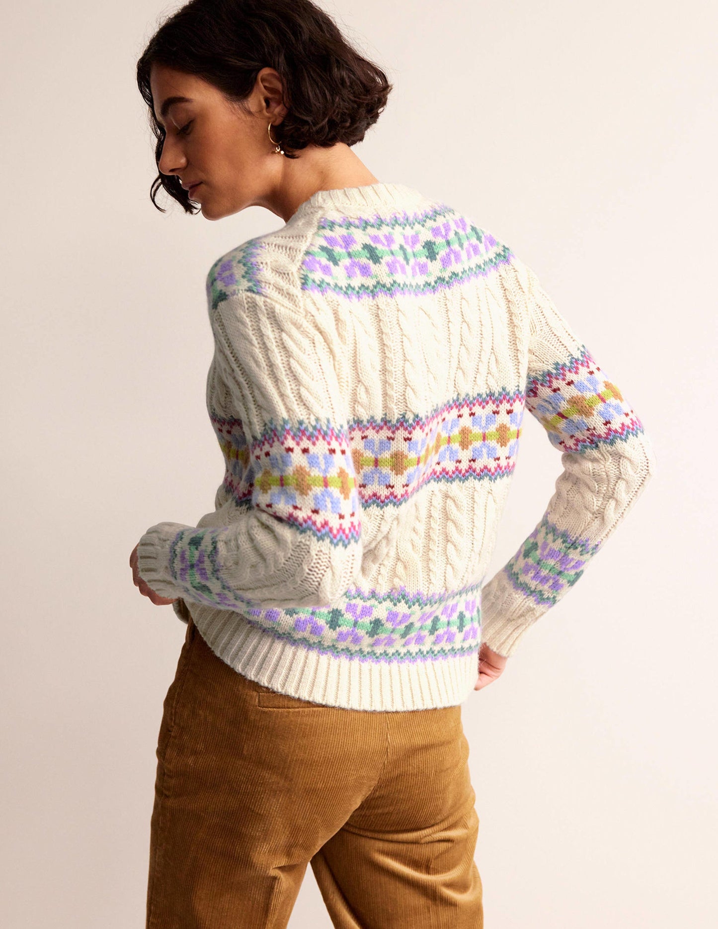 Cable Knit Fair Isle Jumper-Warm Ivory