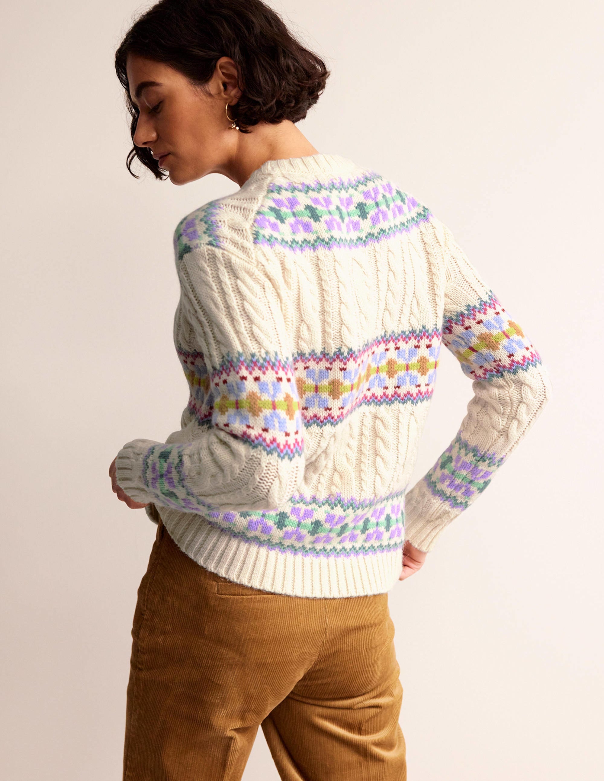 Cable Knit Fair Isle Jumper-Warm Ivory - Image 3
