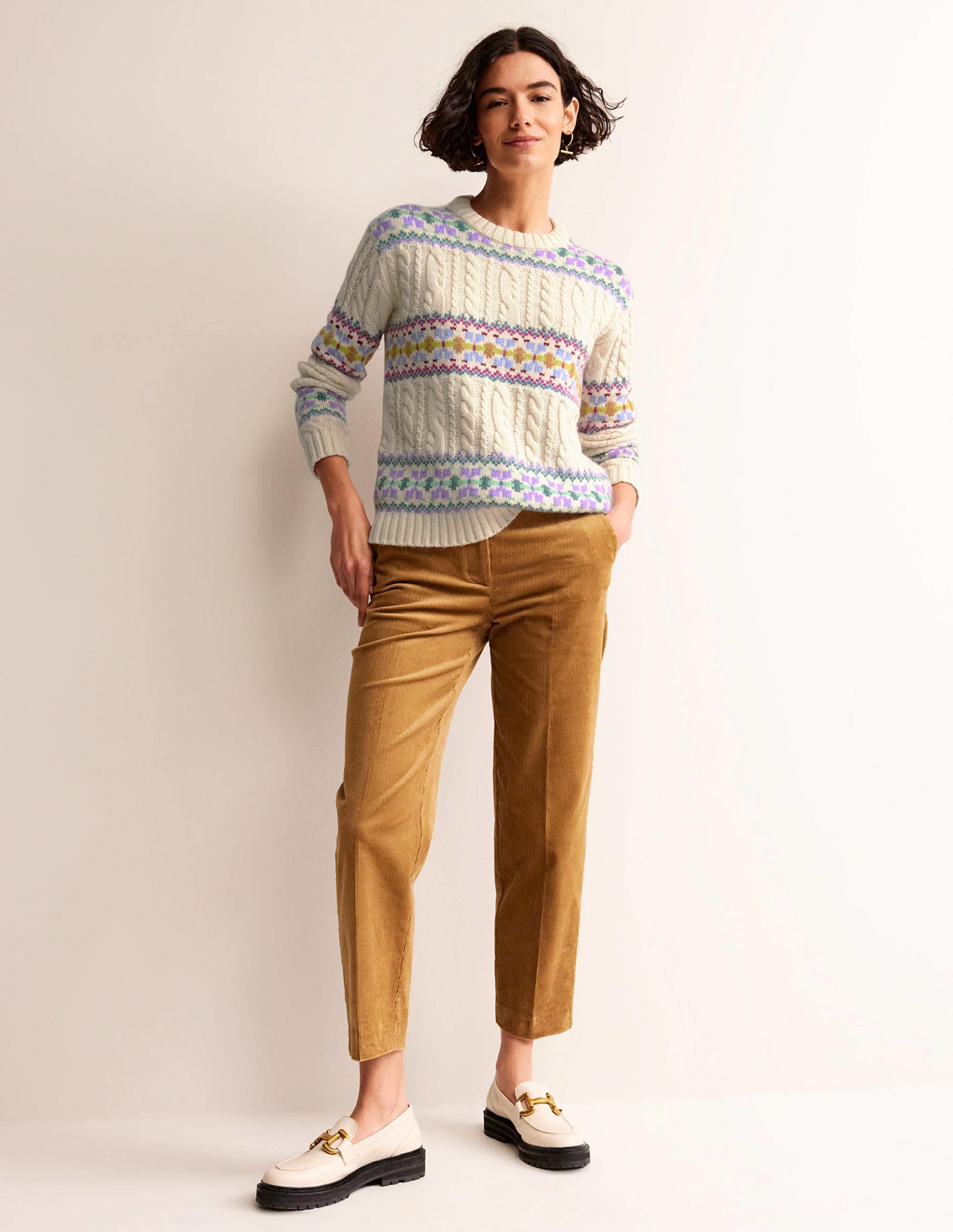 Cable Knit Fair Isle Jumper-Warm Ivory - Image 4