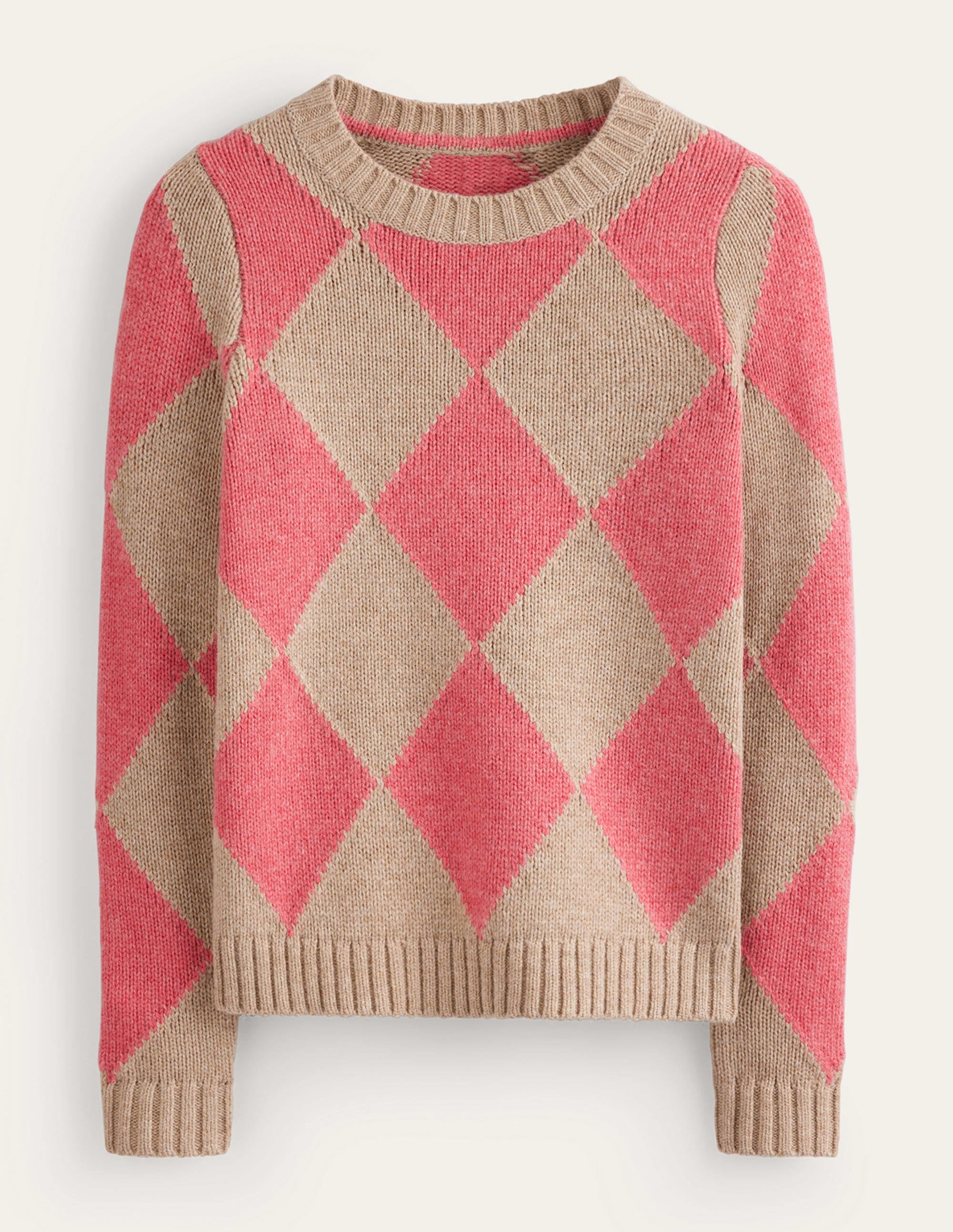 Argyle Crew Neck Jumper-Watermelon, Chinchilla Melange - Image 5