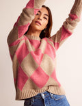 Argyle Crew Neck Jumper-Watermelon, Chinchilla Melange